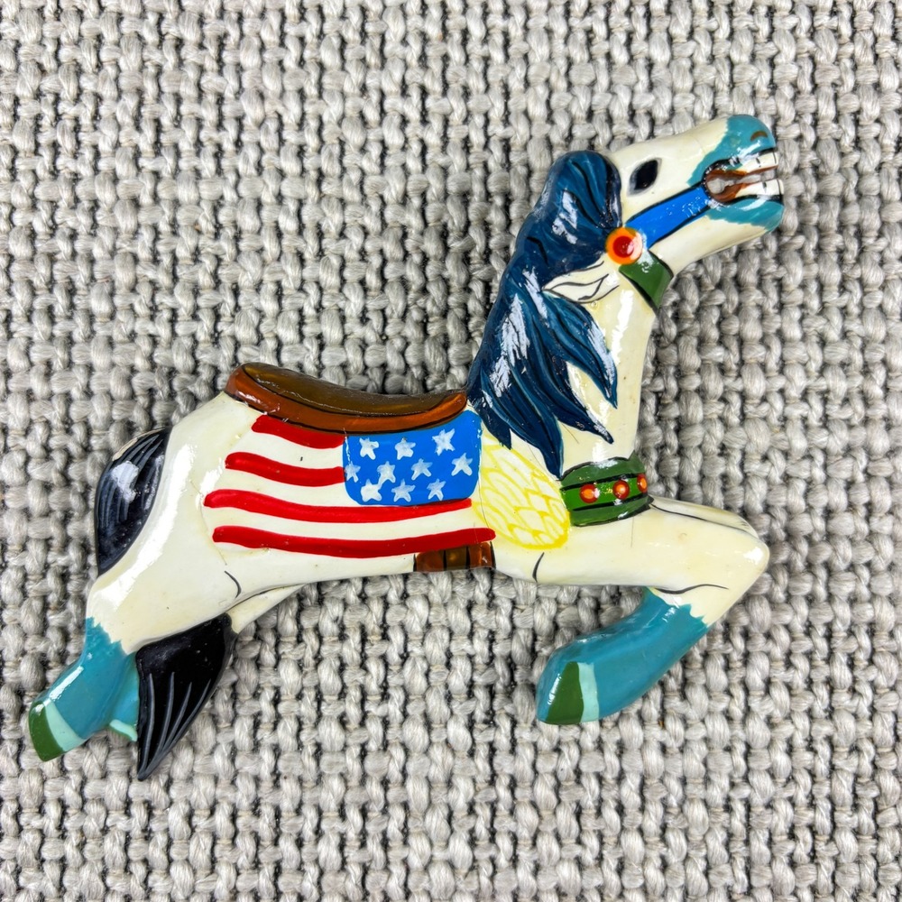 Americana Vintage Red White Blue Horse Brooch Enamel Pin Patriotic Carousel